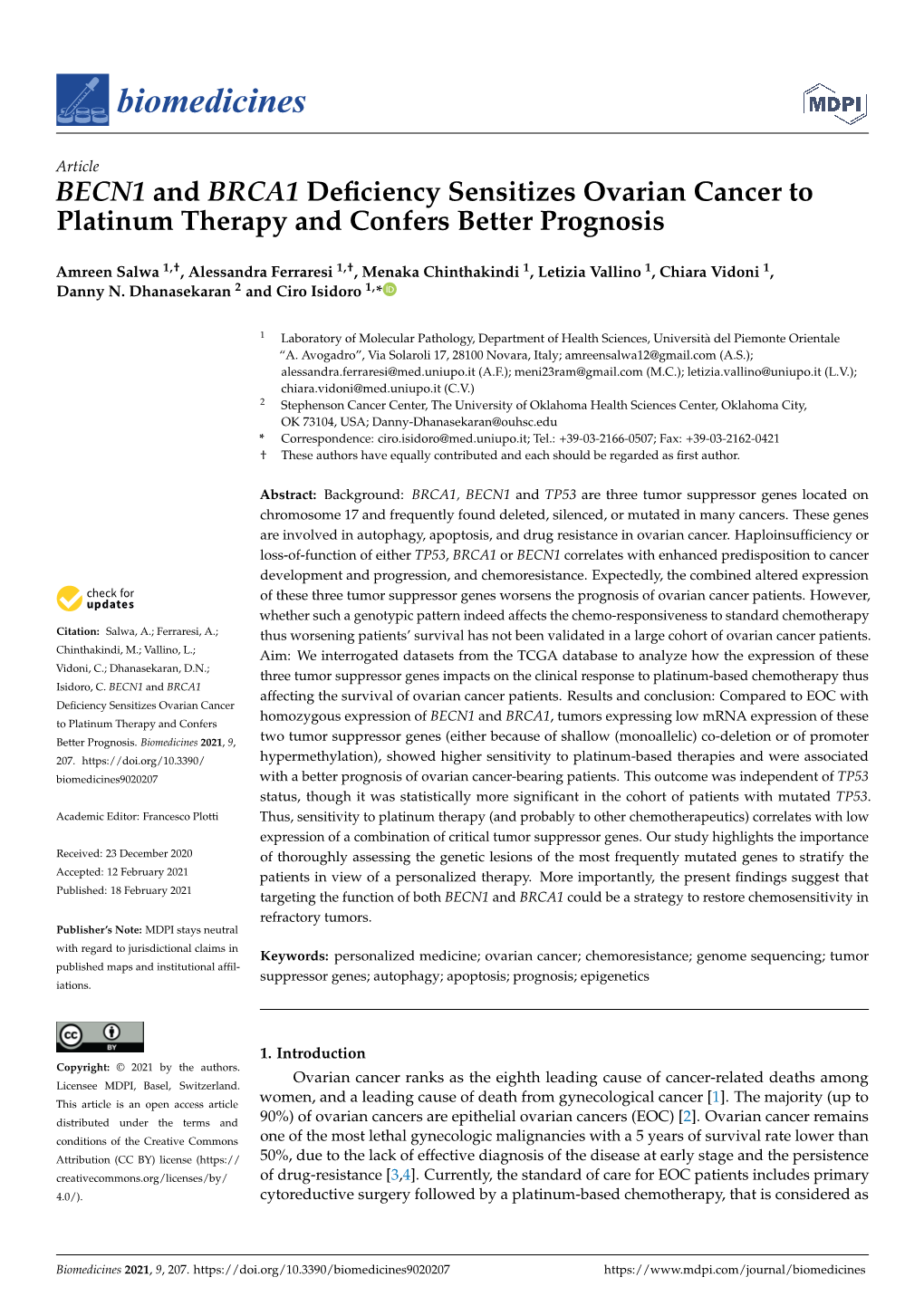 BECN1 and BRCA1 Deficiency Sensitizes Ovarian Cancer To