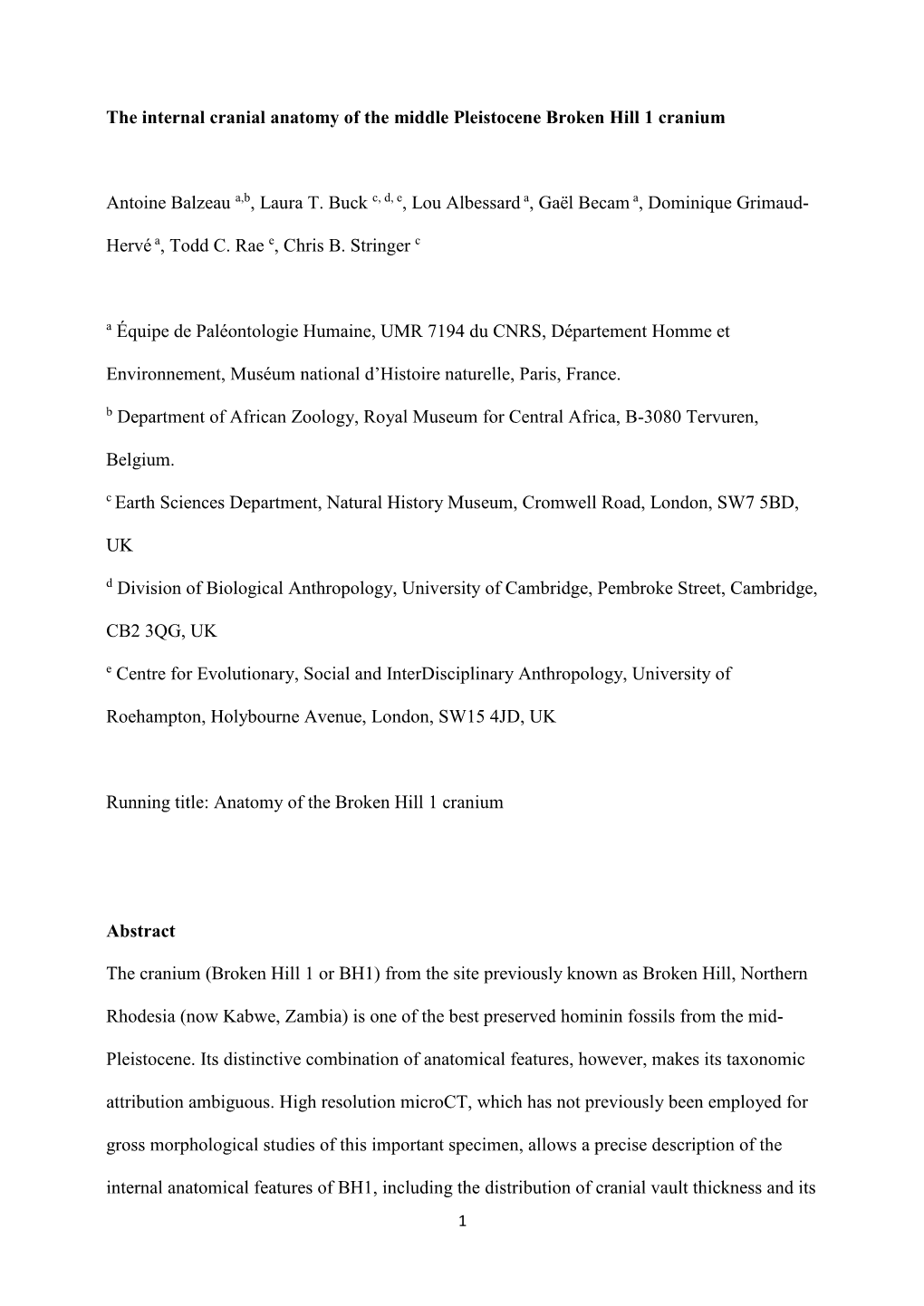 The Internal Cranial Anatomy of the Middle Pleistocene Broken Hill 1 Cranium Antoine Balzeau A,B, Laura T. Buck C, D, E, Lou