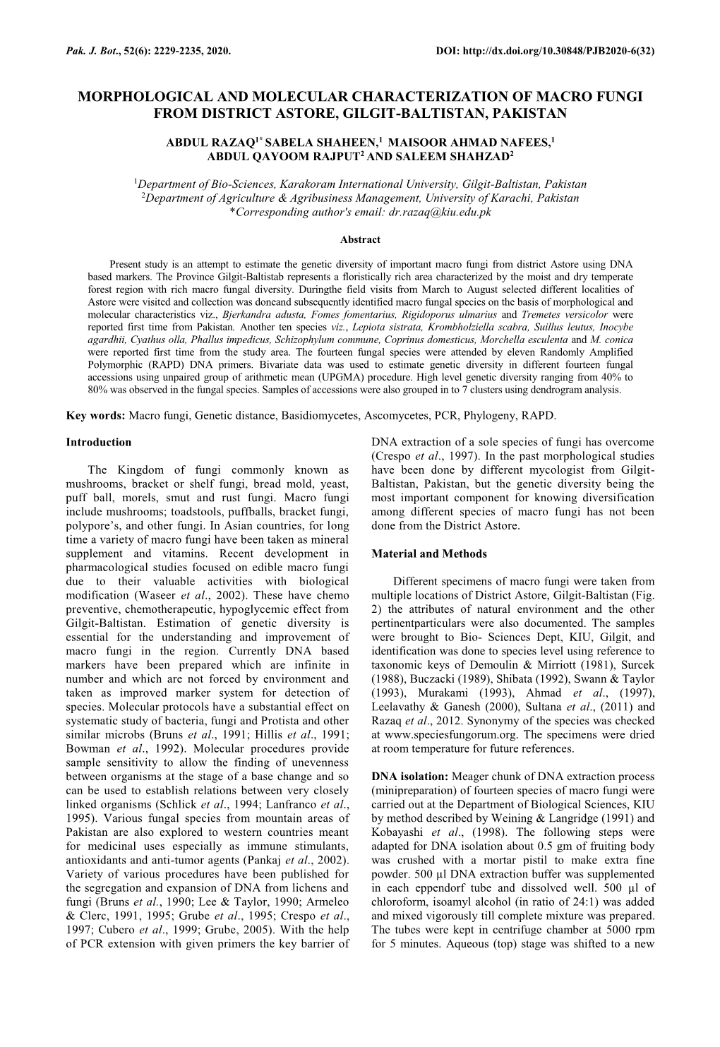 Morphological and Molecular Charactererization of Macro Fungi from District Astore, Gilgit-Baltistan, Pakistan