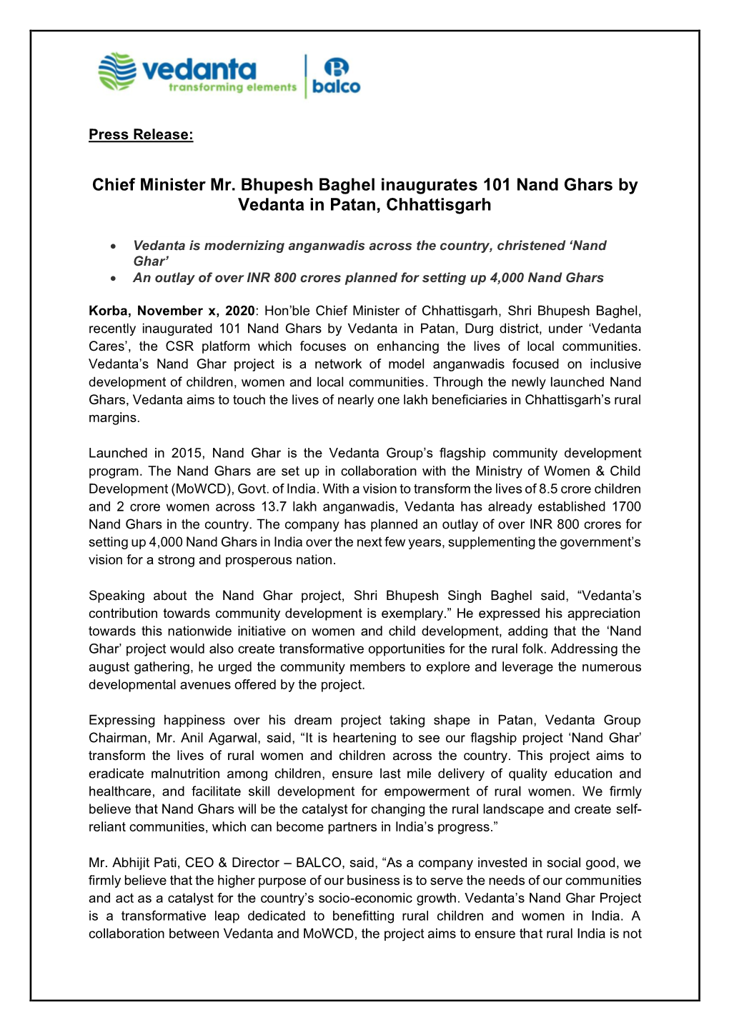 Chief Minister Mr. Bhupesh Baghel Inaugurates 101 Nand Ghars by Vedanta in Patan, Chhattisgarh