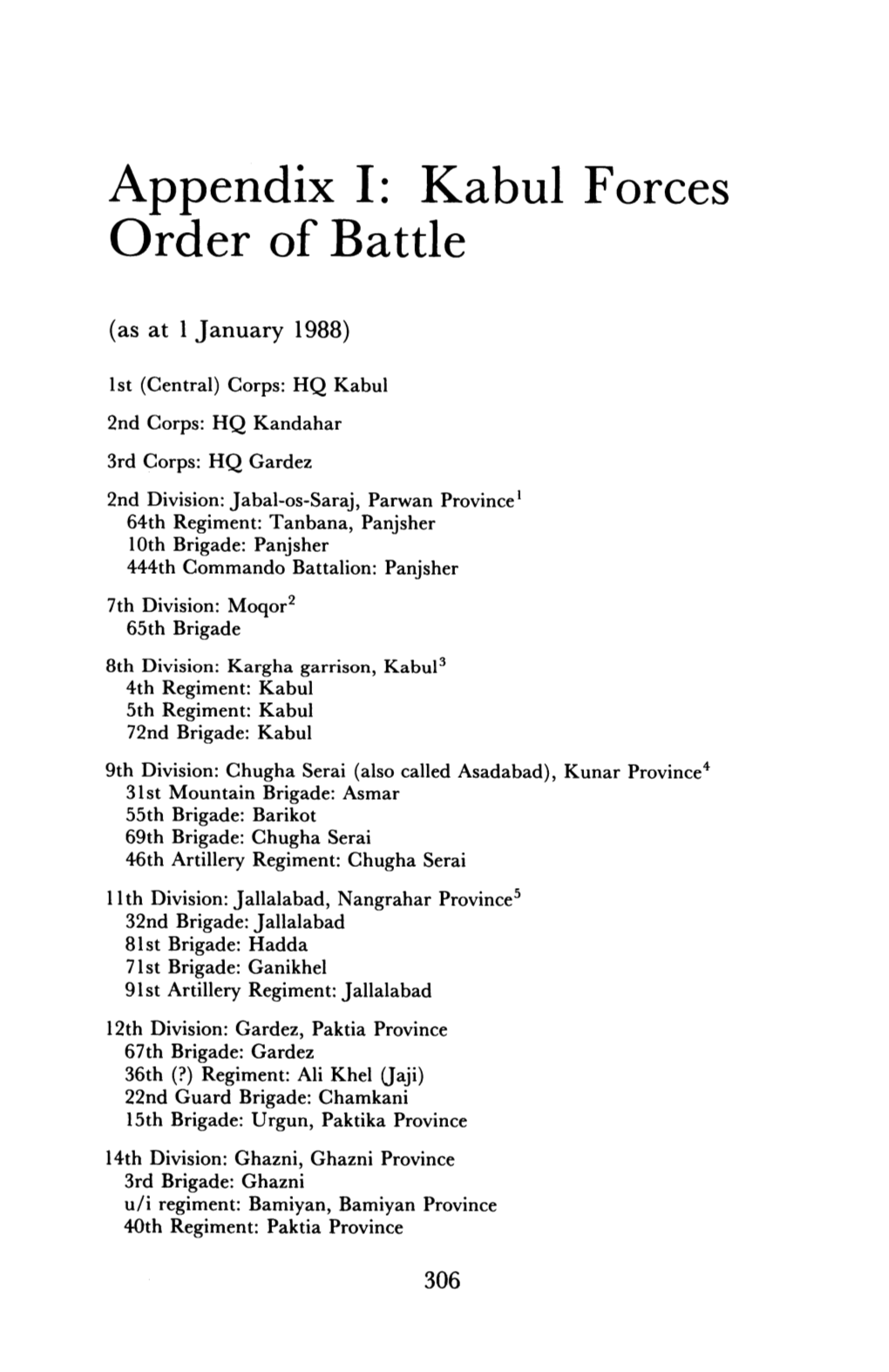 Appendix 1: Kabul Forces Order of Battle