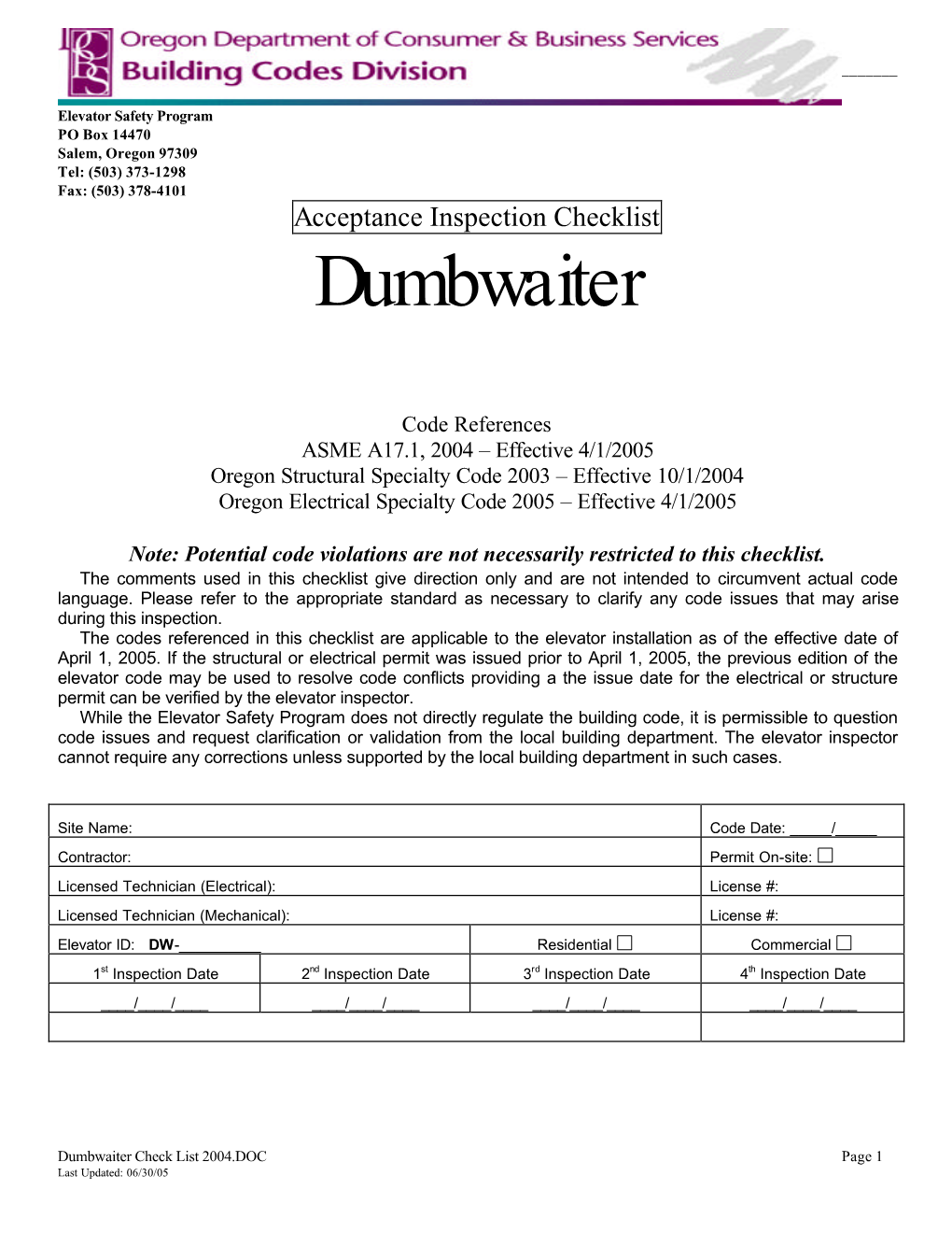 Dumbwaiter Checklist