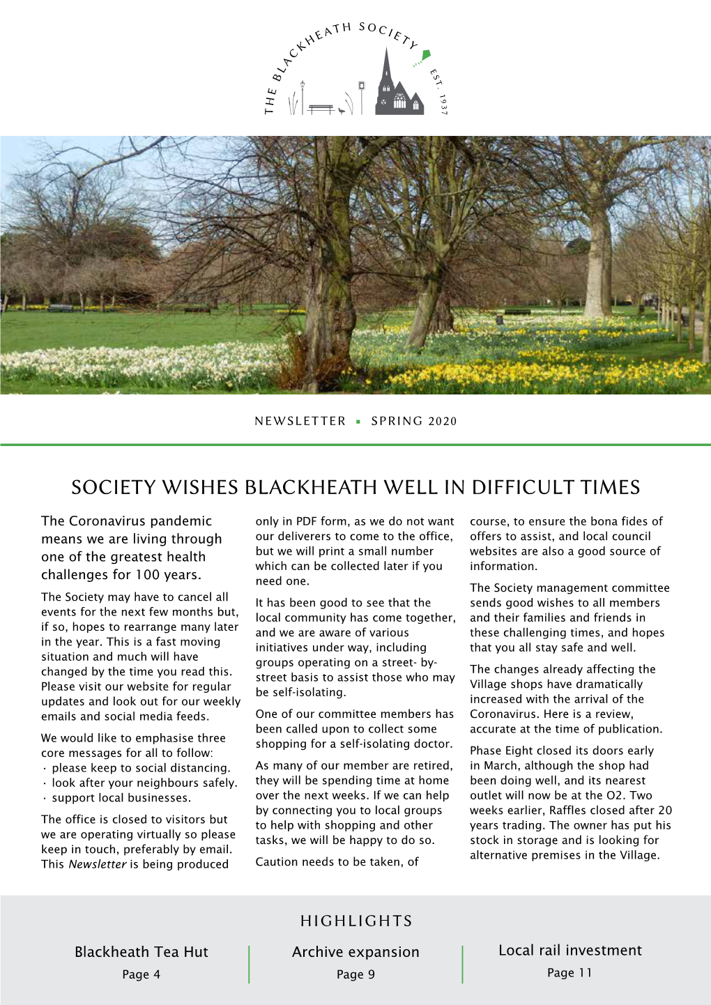 Society Wishes Blackheath Well in Difficult Times