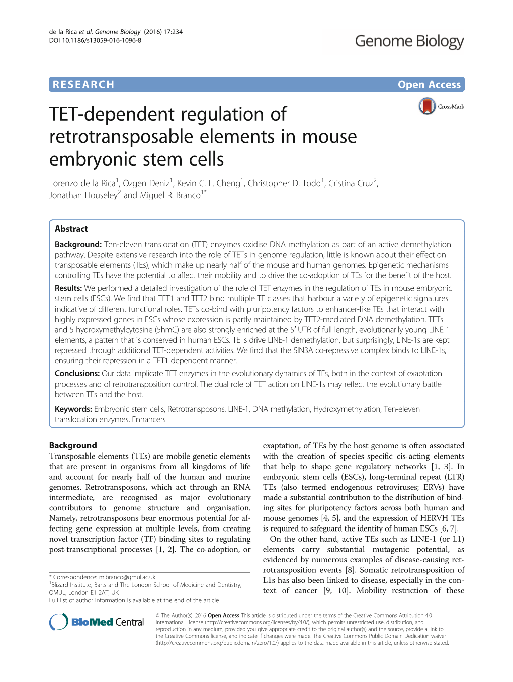 TET-Dependent Regulation of Retrotransposable Elements in Mouse Embryonic Stem Cells Lorenzo De La Rica1, Özgen Deniz1, Kevin C