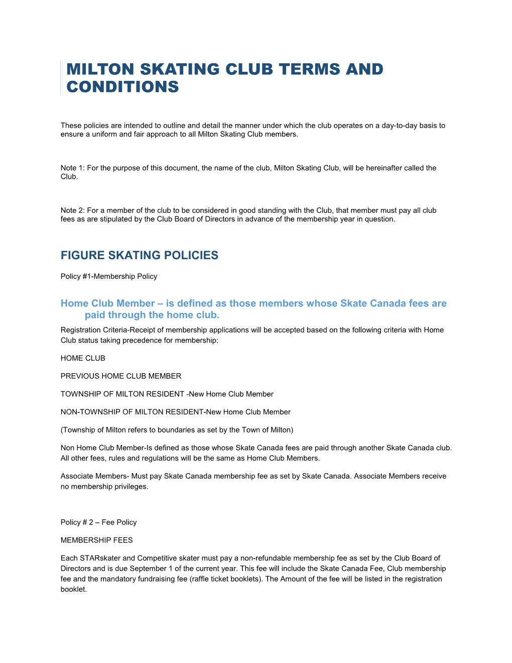 Milton Skating Club Terms and Conditions