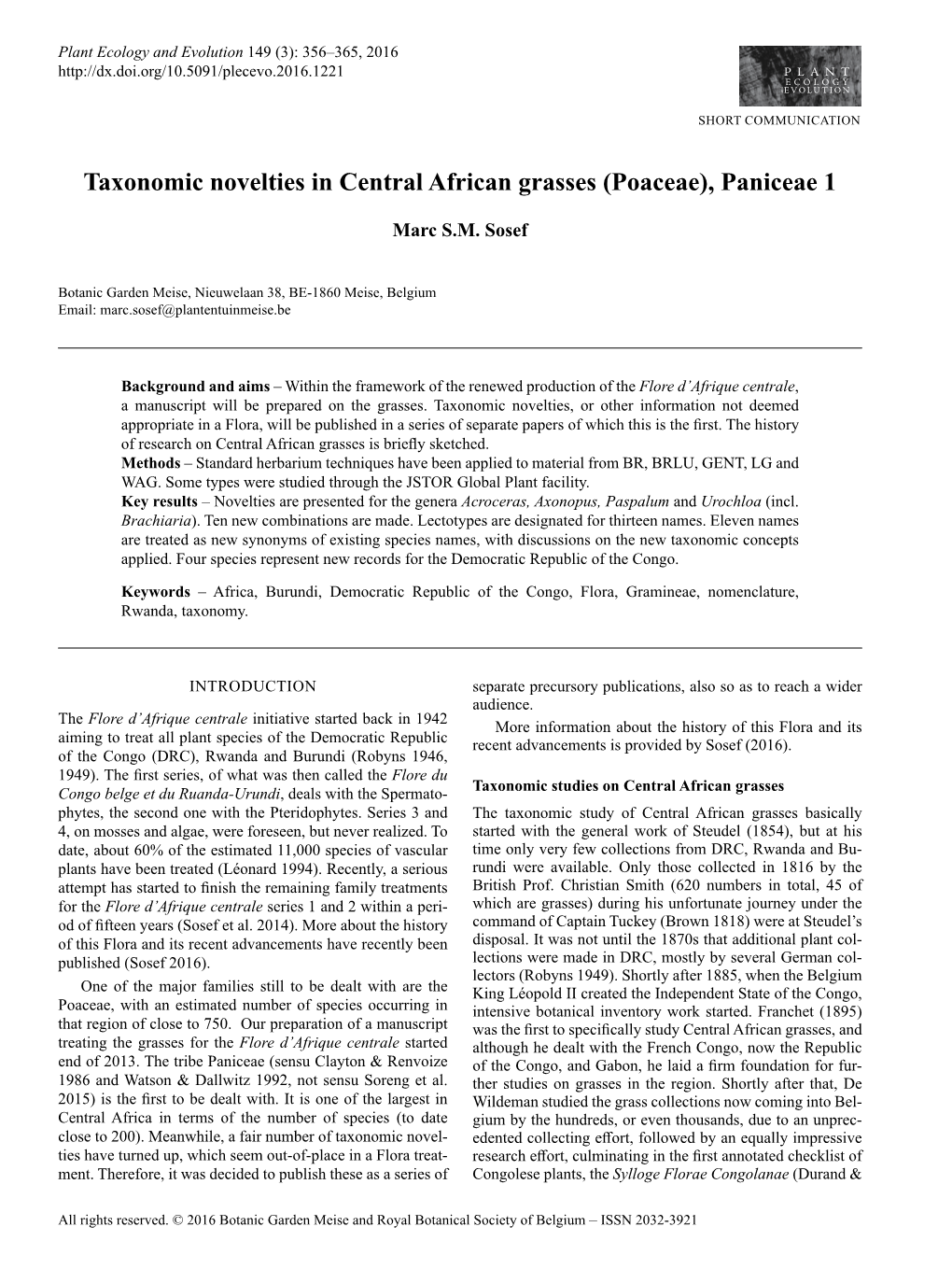 Taxonomic Novelties in Central African Grasses (Poaceae), Paniceae 1