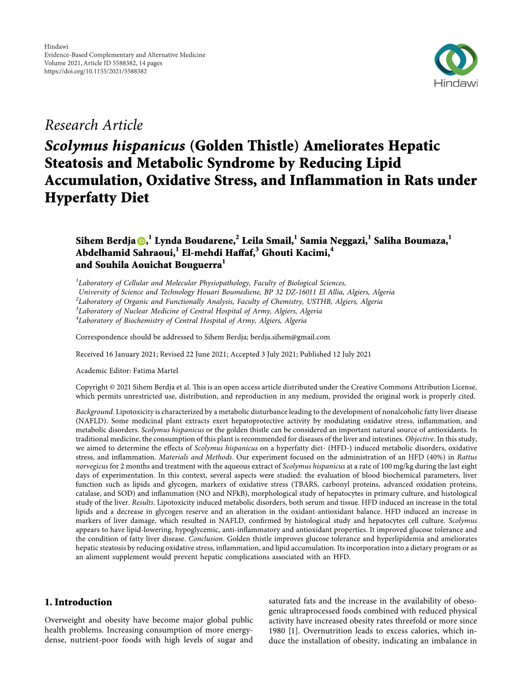 Scolymus Hispanicus (Golden Thistle) Ameliorates Hepatic Steatosis