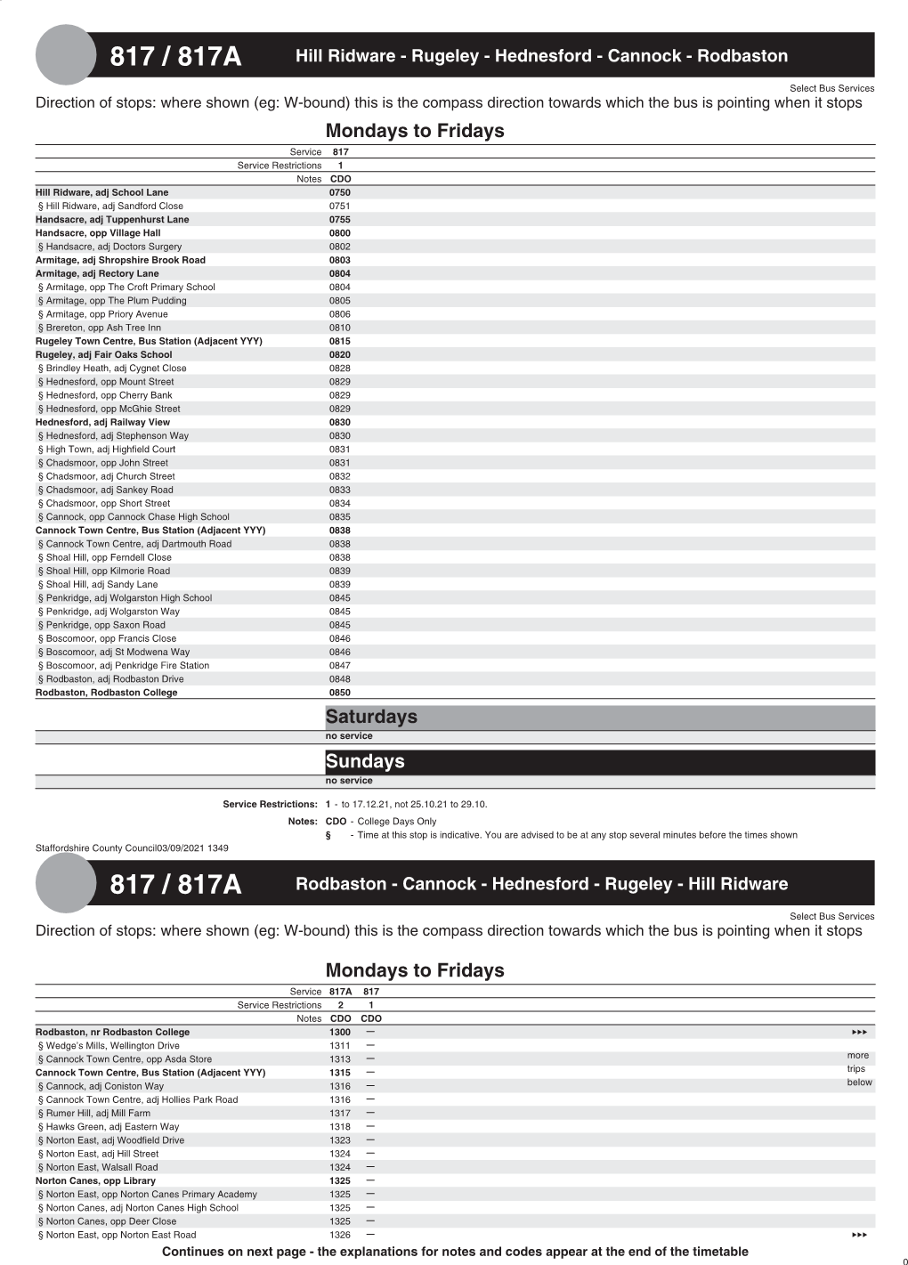 817 / 817A Hill Ridware - Rugeley - Hednesford - Cannock - Rodbaston