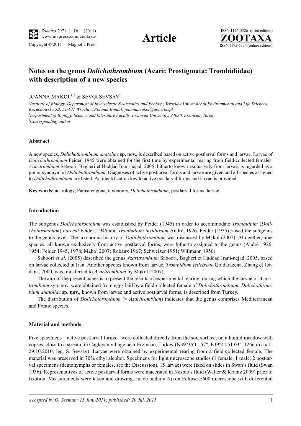 Notes on the Genus Dolichothrombium (Acari: Prostigmata: Trombidiidae) with Description of a New Species