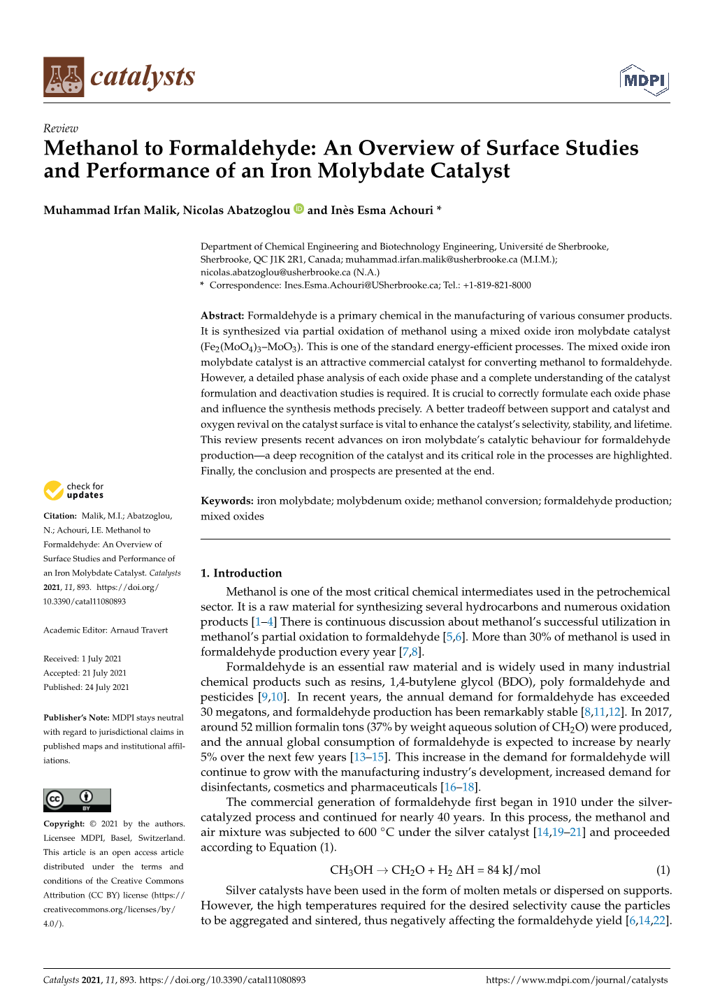 An Overview of Surface Studies and Performance of an Iron Molybdate Catalyst