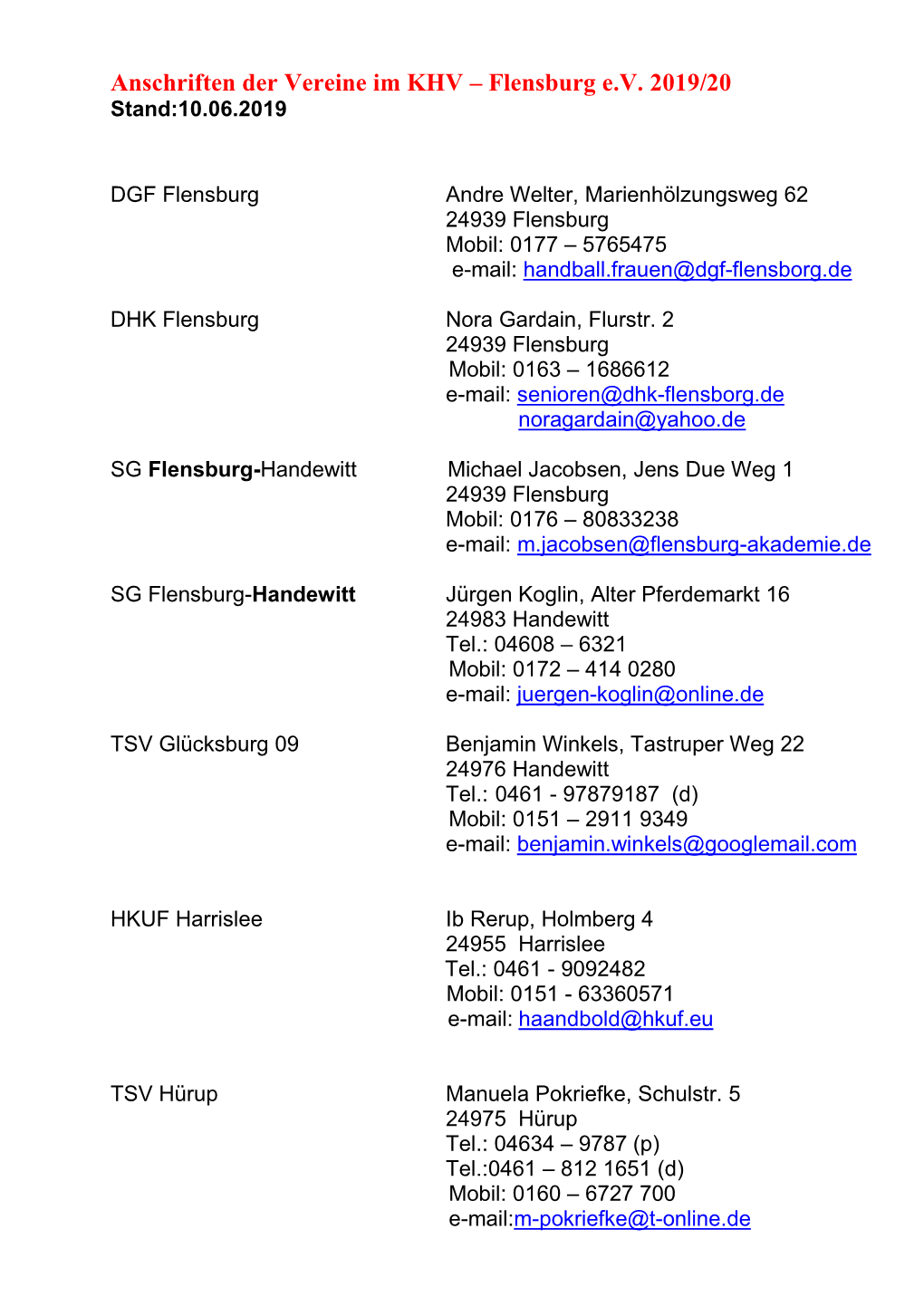 Anschriften Der Vereine Im KHV – Flensburg E.V. 2019/20 Stand:10.06.2019