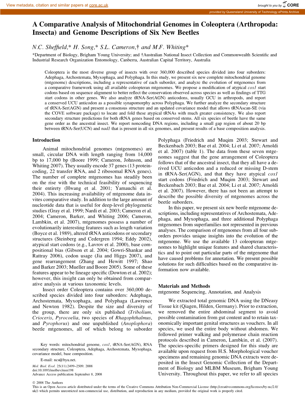 A Comparative Analysis of Mitochondrial Genomes in Coleoptera (Arthropoda: Insecta) and Genome Descriptions of Six New Beetles