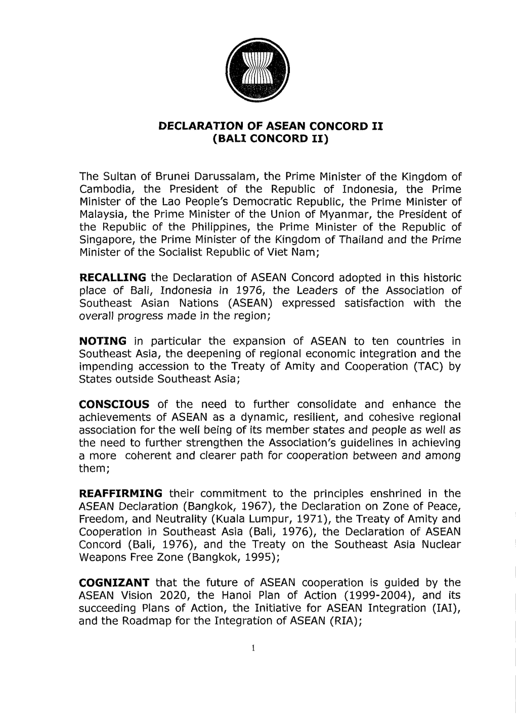 DECLARATION of ASEAN CONCORD II the Sultan of Brunei