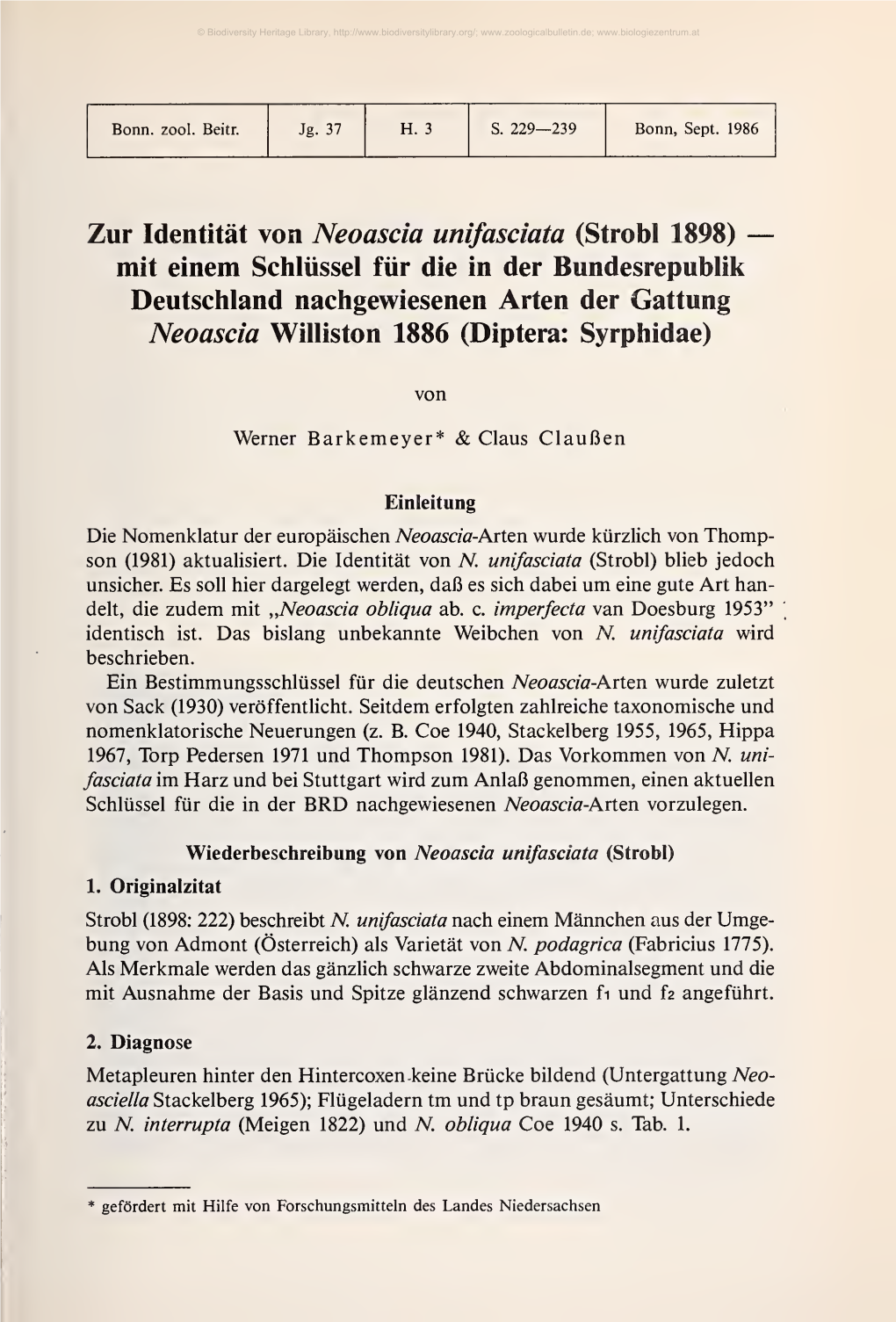 Zur Identität Von Neoascia Unifasciata (Strobl 1898)