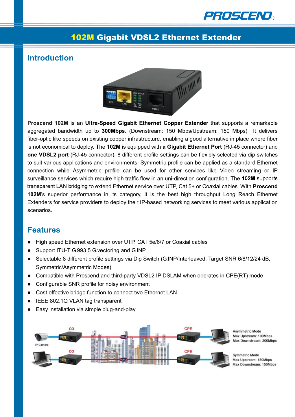 Introduction Features 102M Gigabit VDSL2 Ethernet Extender