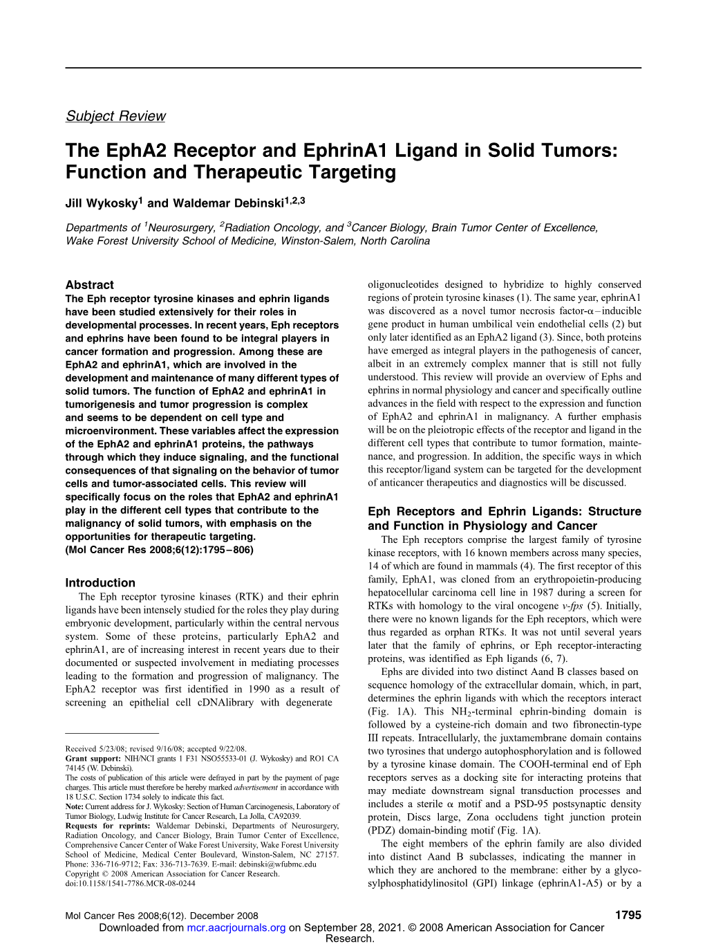The Epha2 Receptor and Ephrina1 Ligand in Solid Tumors: Function and Therapeutic Targeting