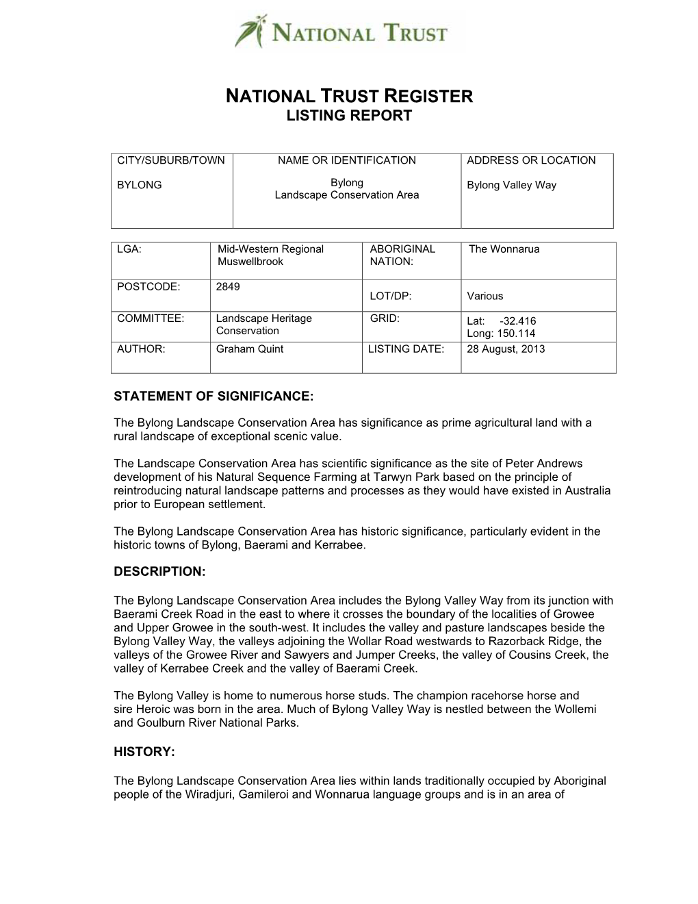 National Trust Register Listing Report