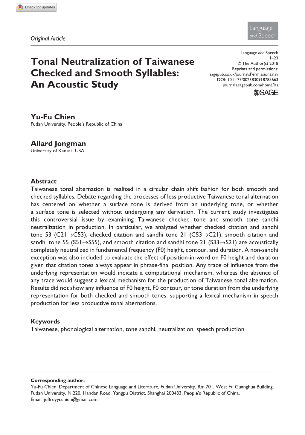 Tonal Neutralization of Taiwanese Checked and Smooth Syllables: An