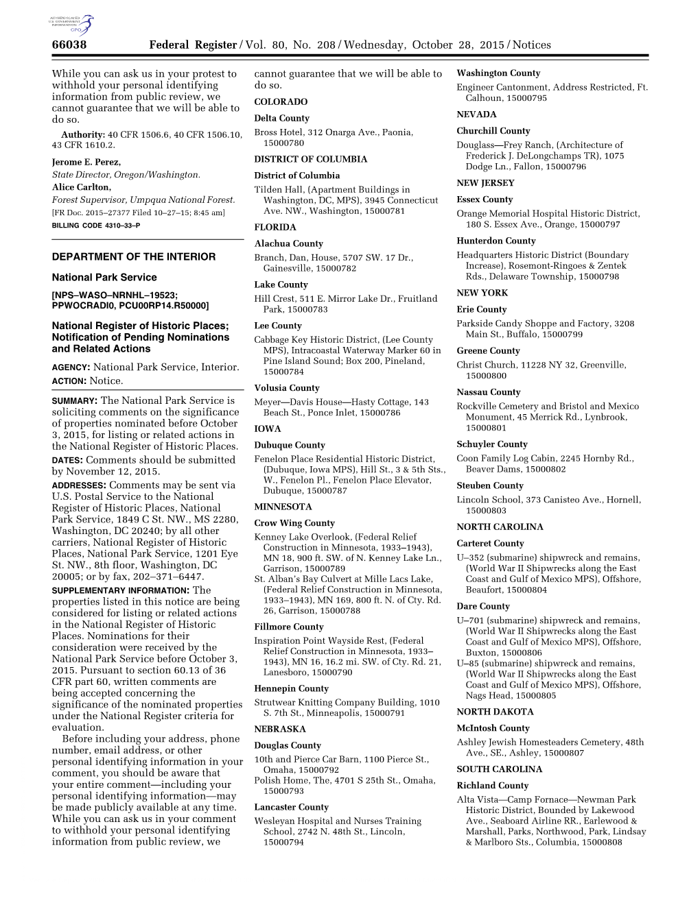 Federal Register/Vol. 80, No. 208/Wednesday, October 28, 2015