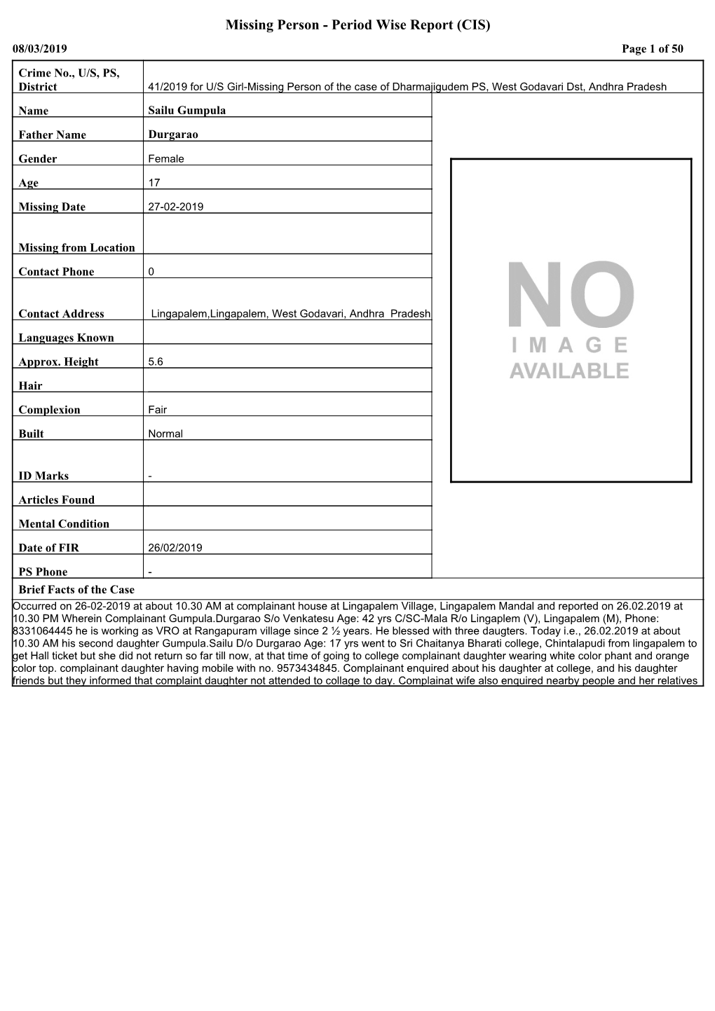 Missing Person - Period Wise Report (CIS) 08/03/2019 Page 1 of 50