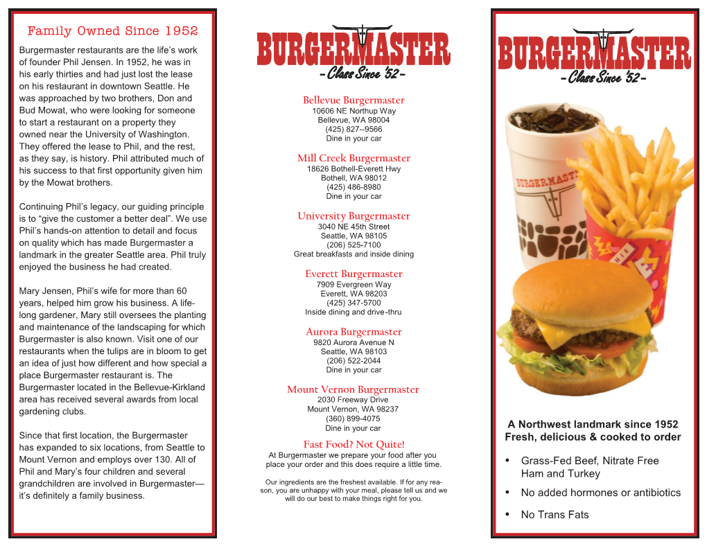Family Owned Since 1952 Burgermaster Restaurants Are the Life’S Work of Founder Phil Jensen