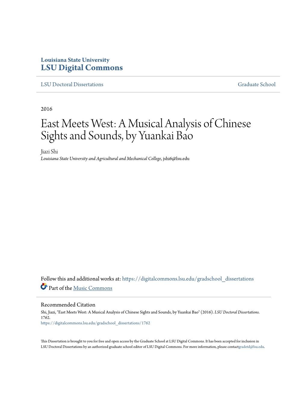 A Musical Analysis of Chinese Sights and Sounds, by Yuankai Bao Jiazi Shi Louisiana State University and Agricultural and Mechanical College, Jshi6@Lsu.Edu