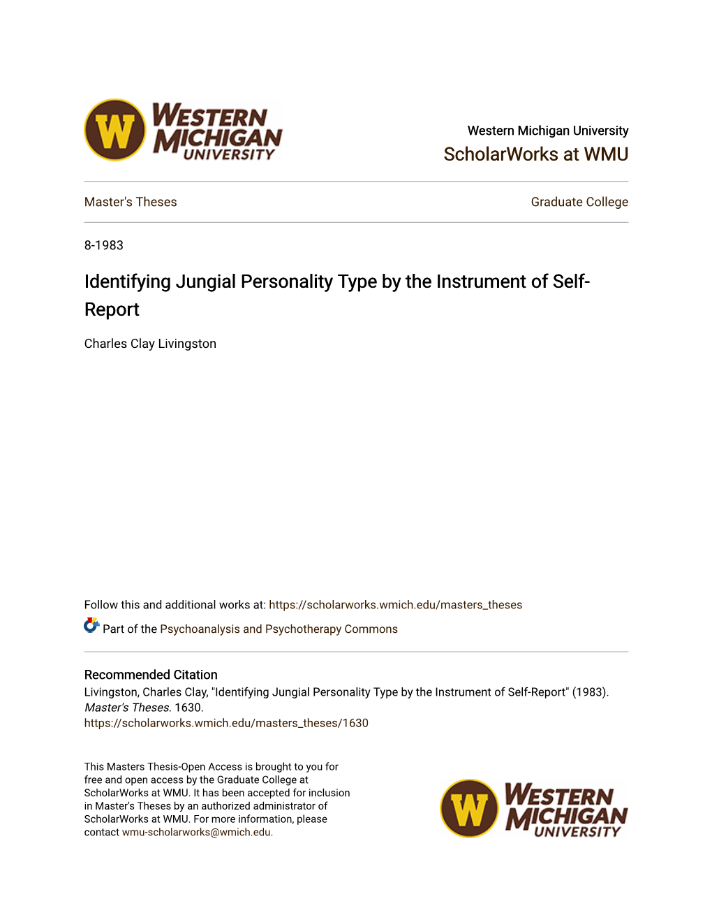 Identifying Jungial Personality Type by the Instrument of Self-Report" (1983)