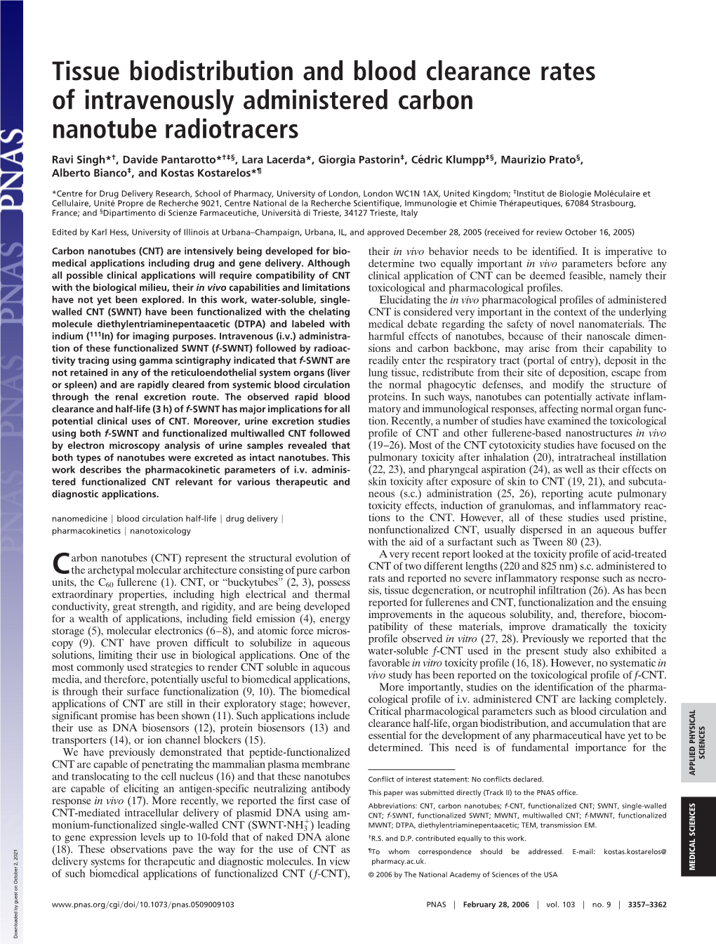 Tissue Biodistribution and Blood Clearance Rates of Intravenously Administered Carbon Nanotube Radiotracers