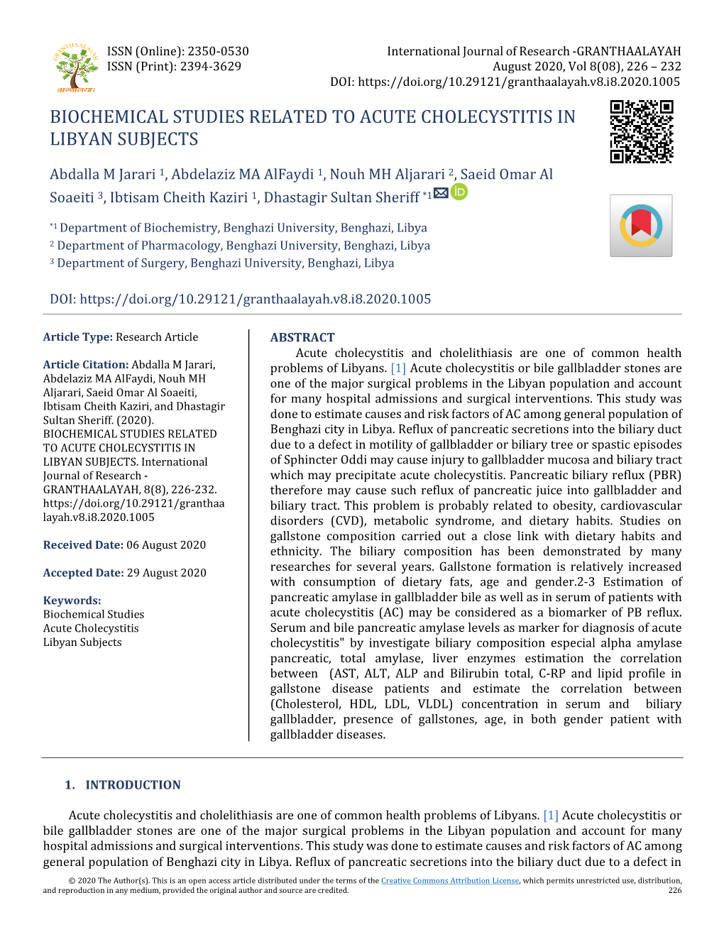 Biochemical Studies Related to Acute Cholecystitis in Libyan Subjects