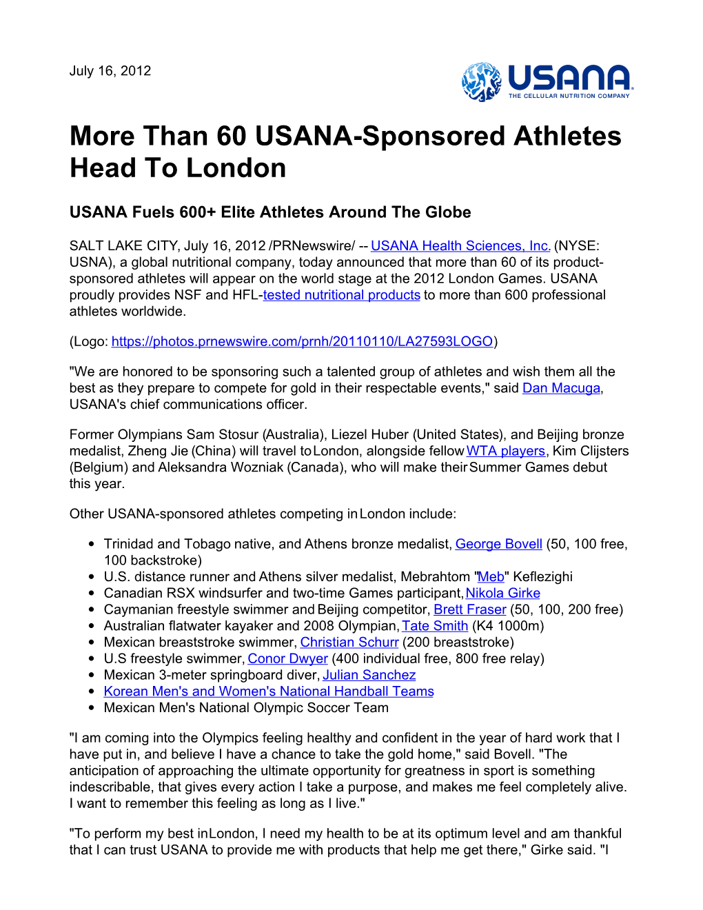 Than 60 USANA-Sponsored Athletes Head to London