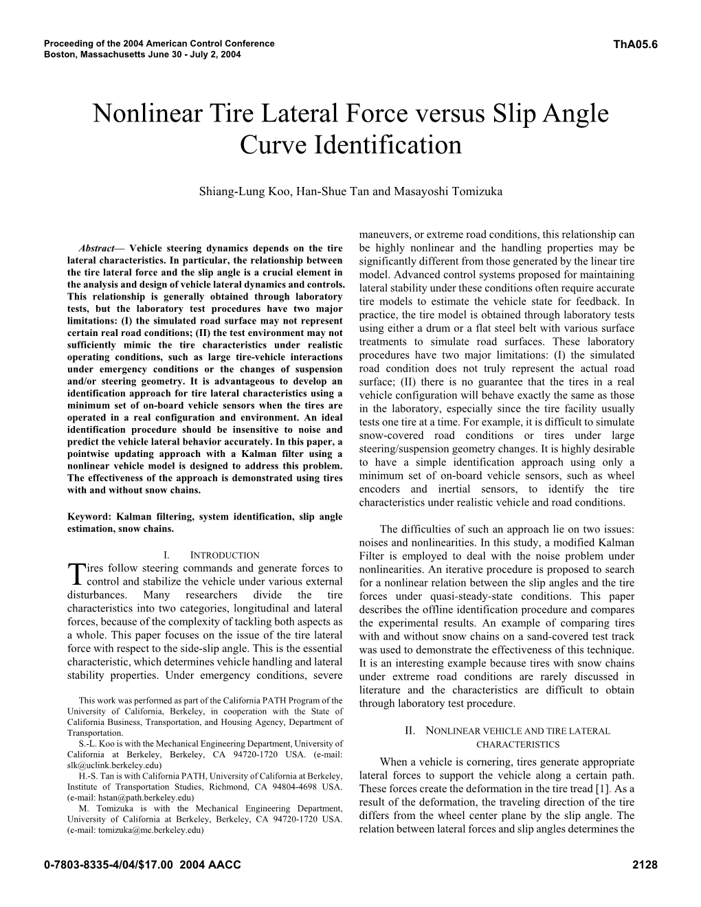 Nonlinear Tire Lateral Force Versus Slip Angle Curve Identification