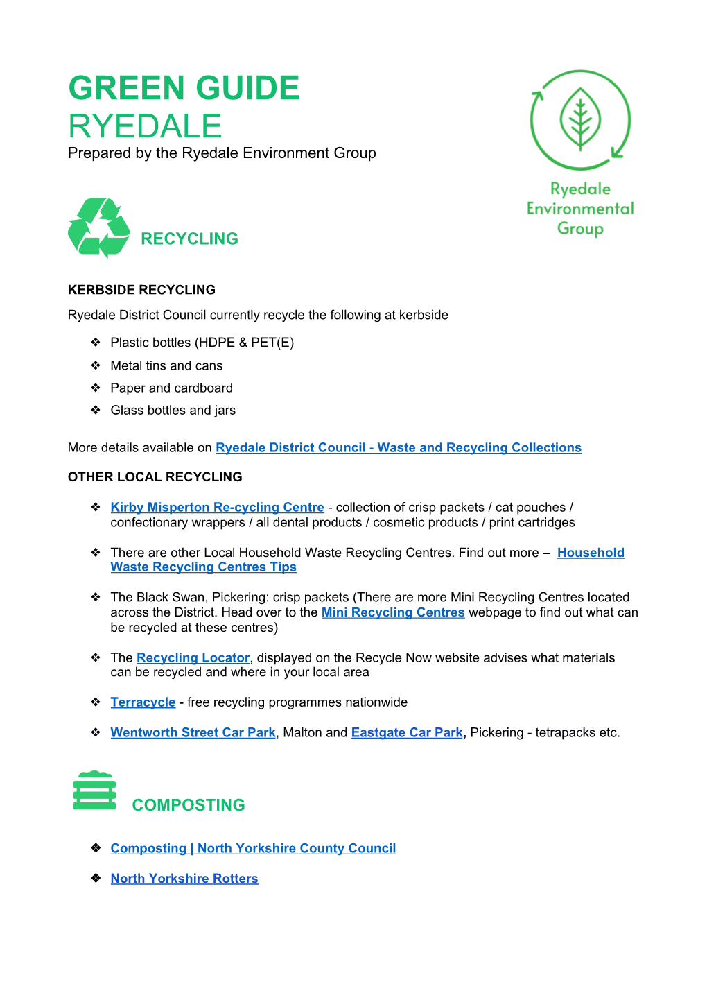 GREEN GUIDE RYEDALE Prepared by the Ryedale Environment Group