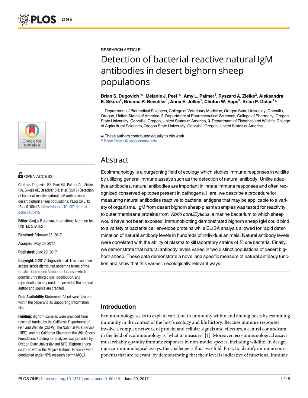 Detection of Bacterial-Reactive Natural Igm Antibodies in Desert Bighorn Sheep Populations