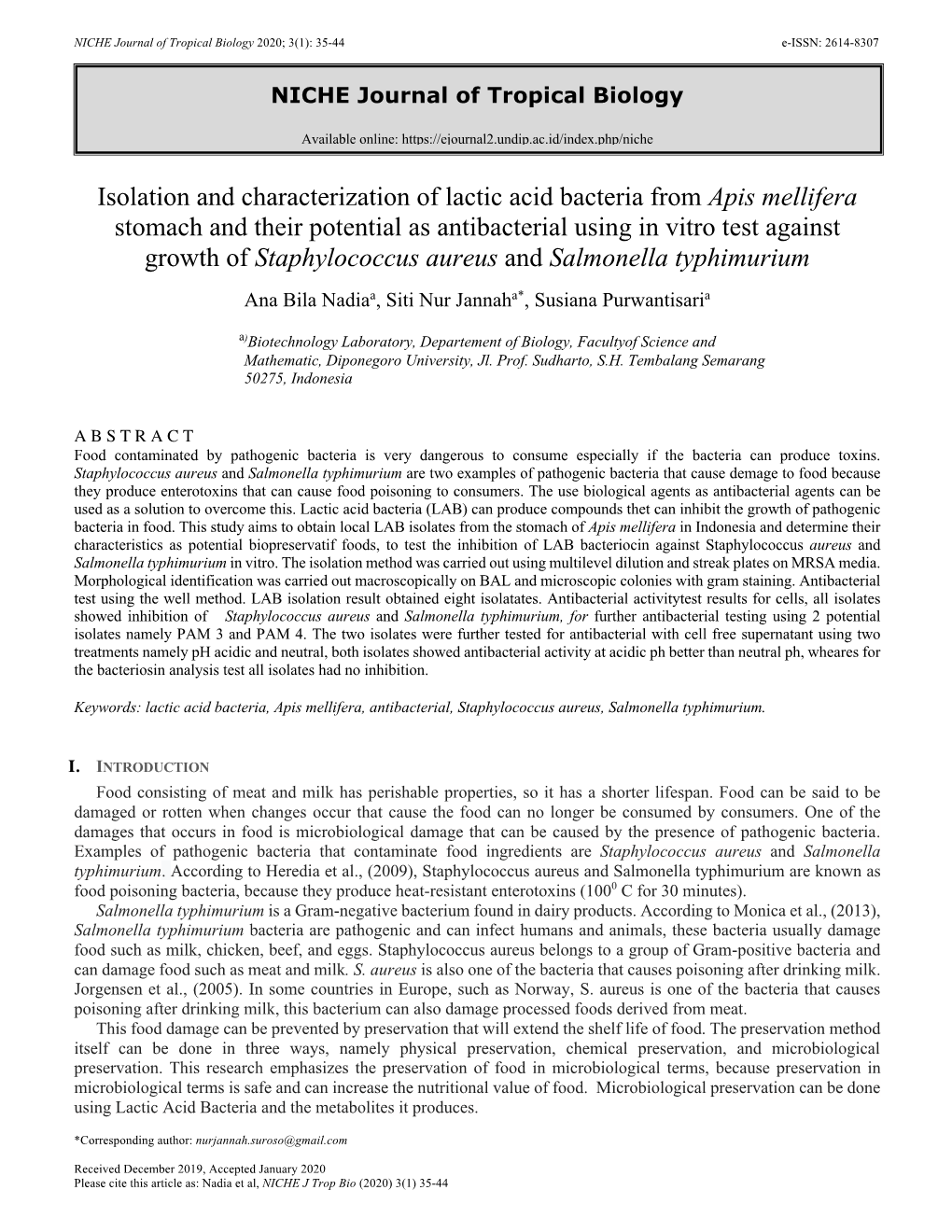 Isolation and Characterization of Lactic Acid Bacteria from Apis Mellifera