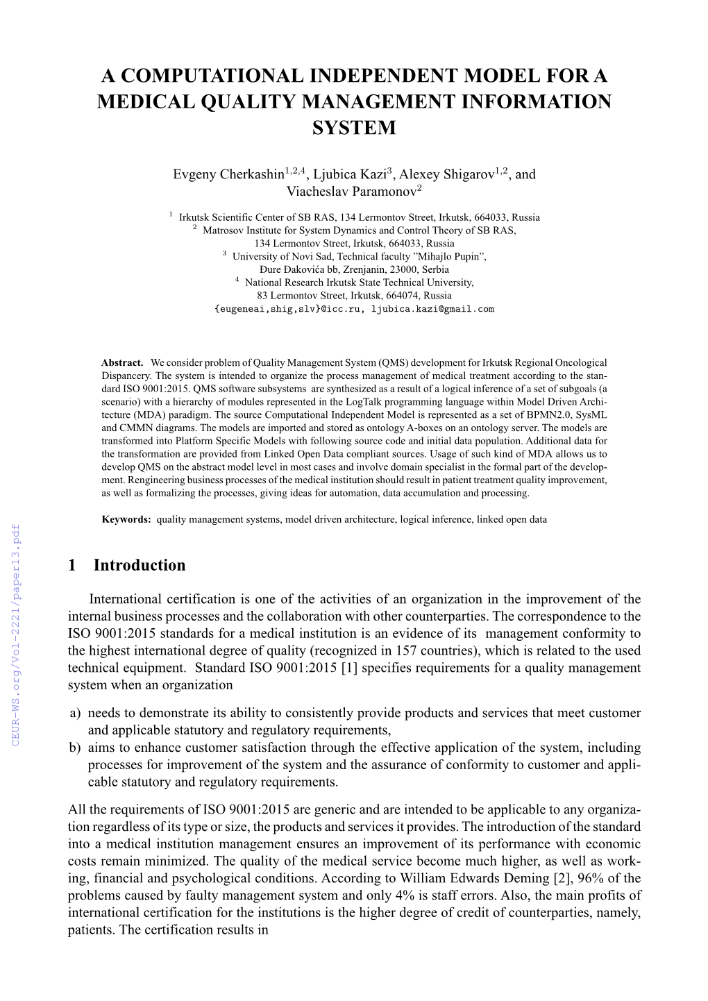 A Computational Independent Model for a Medical Quality Management Information System