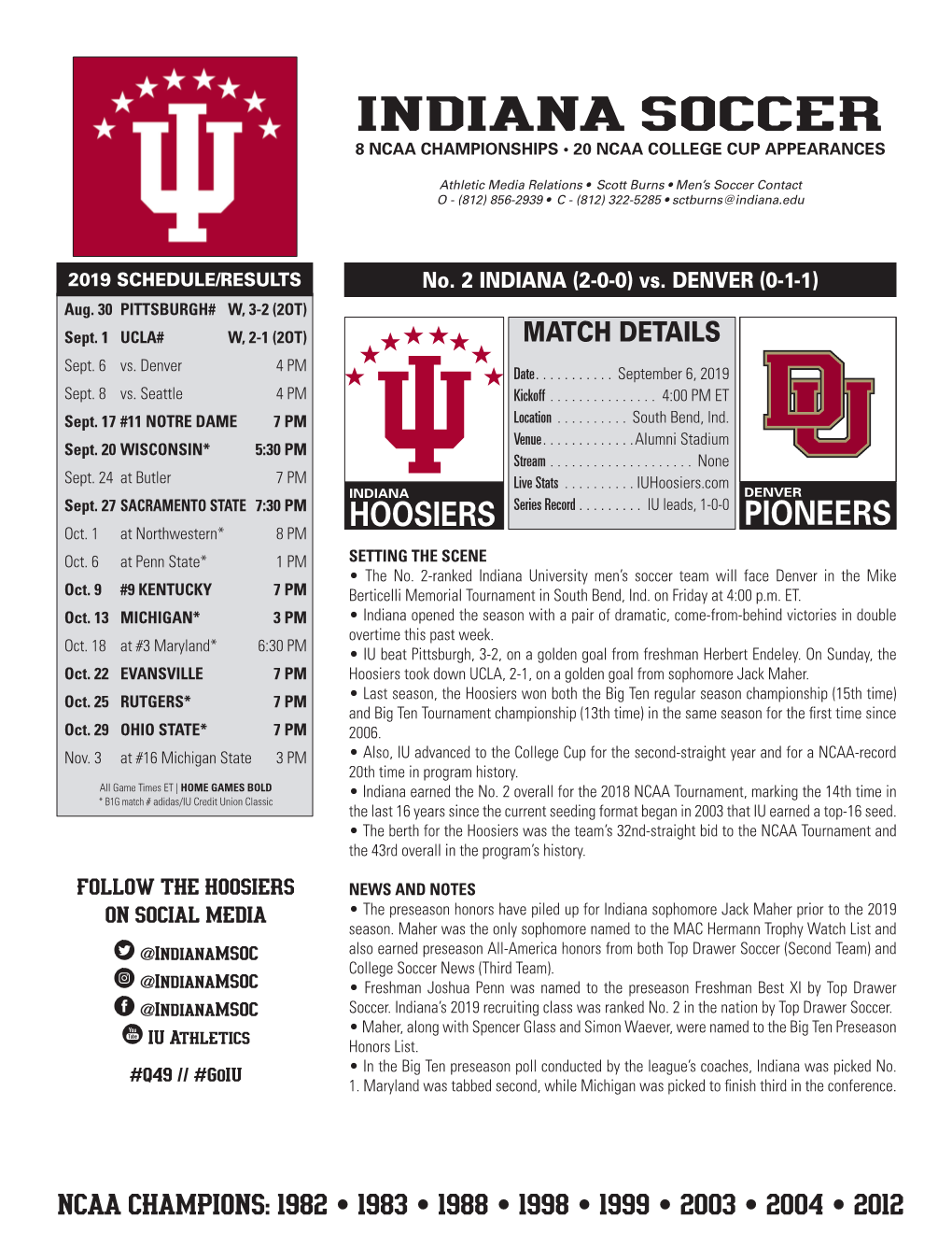 Indiana Soccer 8 Ncaa Championships • 20 Ncaa College Cup Appearances