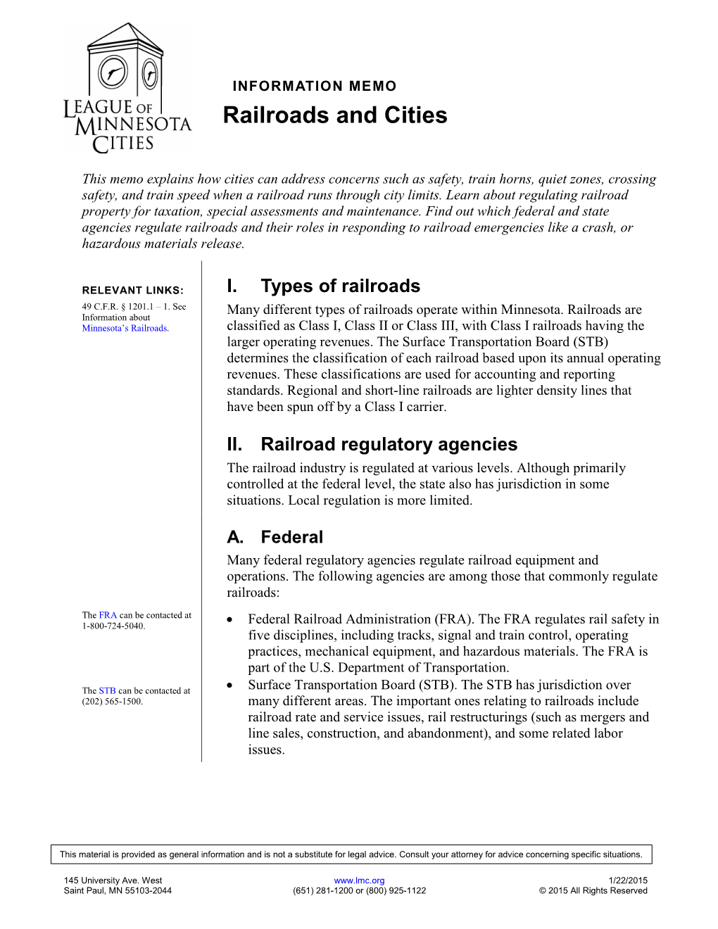 League of Minnesota Cities Information Memo on Railroads And