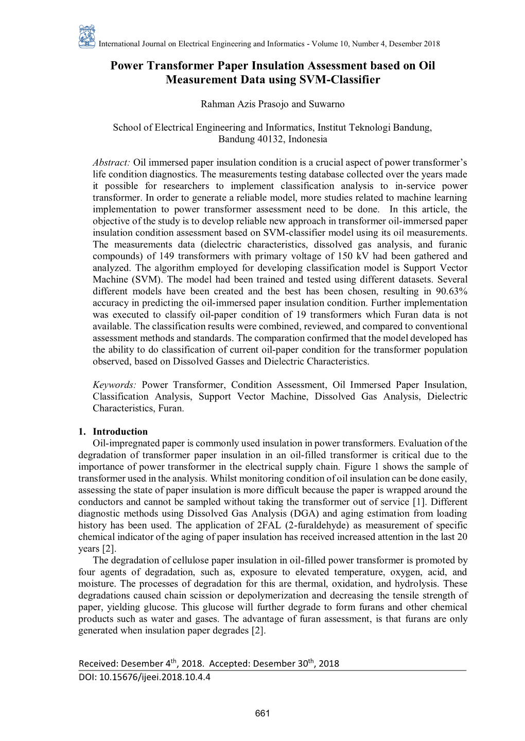 Power Transformer Paper Insulation Assessment Based on Oil Measurement Data Using SVM-Classifier