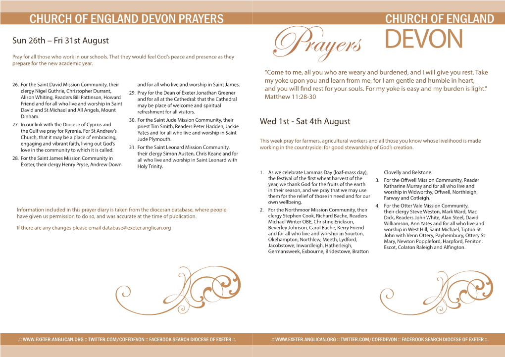 CHURCH of ENGLAND DEVON PRAYERS CHURCH of ENGLAND Sun 26Th – Fri 31St August DEVON Pray for All Those Who Work in Our Schools