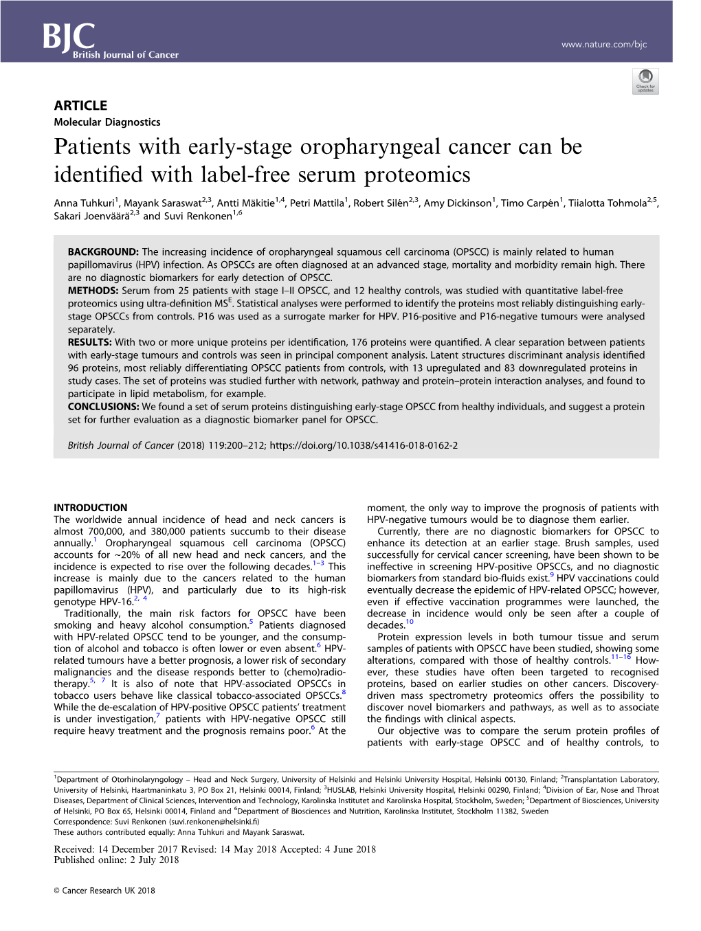 Patients with Early-Stage Oropharyngeal Cancer Can Be Identiﬁed with Label-Free Serum Proteomics