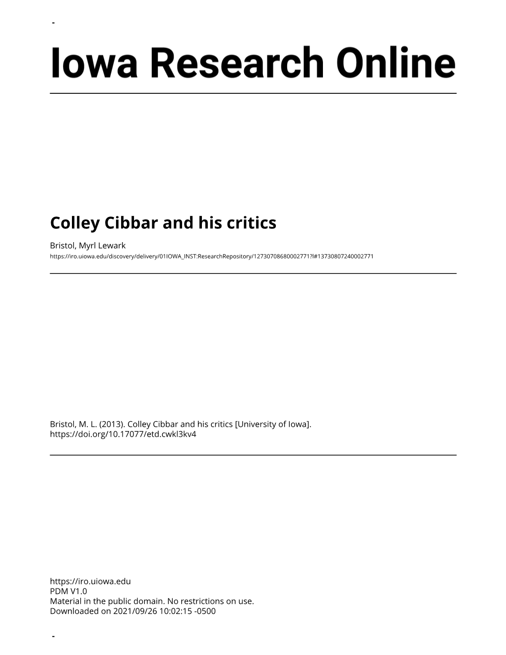 Colley Cibber and His Critics