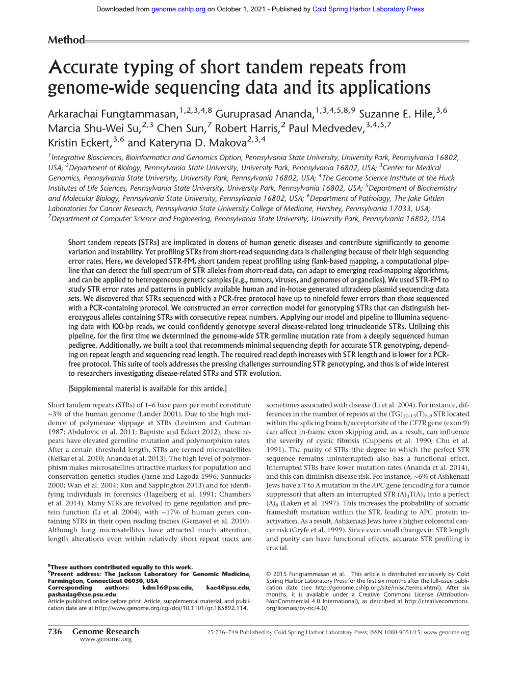 Accurate Typing of Short Tandem Repeats from Genome-Wide Sequencing Data and Its Applications