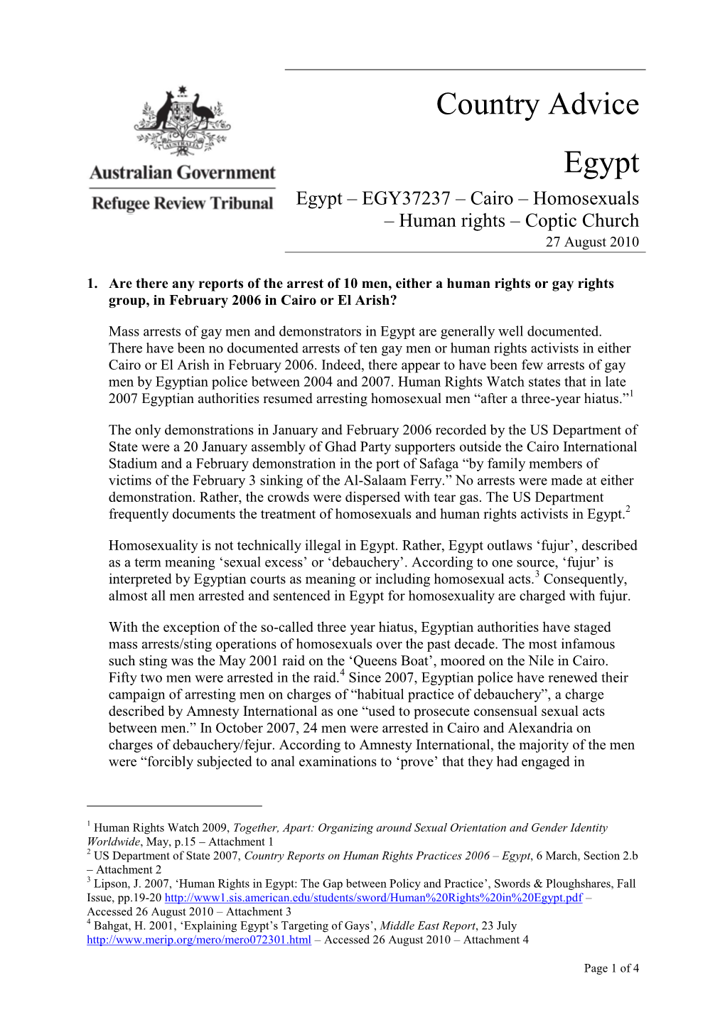 Country Advice Egypt Egypt – EGY37237 – Cairo – Homosexuals