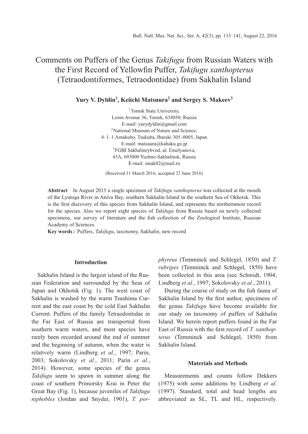 Comments on Puffers of the Genus Takifugu from Russian Waters with the First Record of Yellowfin Puffer, Takifugu Xanthopterus (