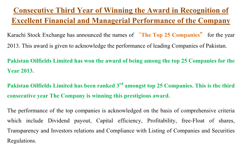 Consecutive Third Year of Winning the Award in Recognition of Excellent Financial and Managerial Performance of the Company