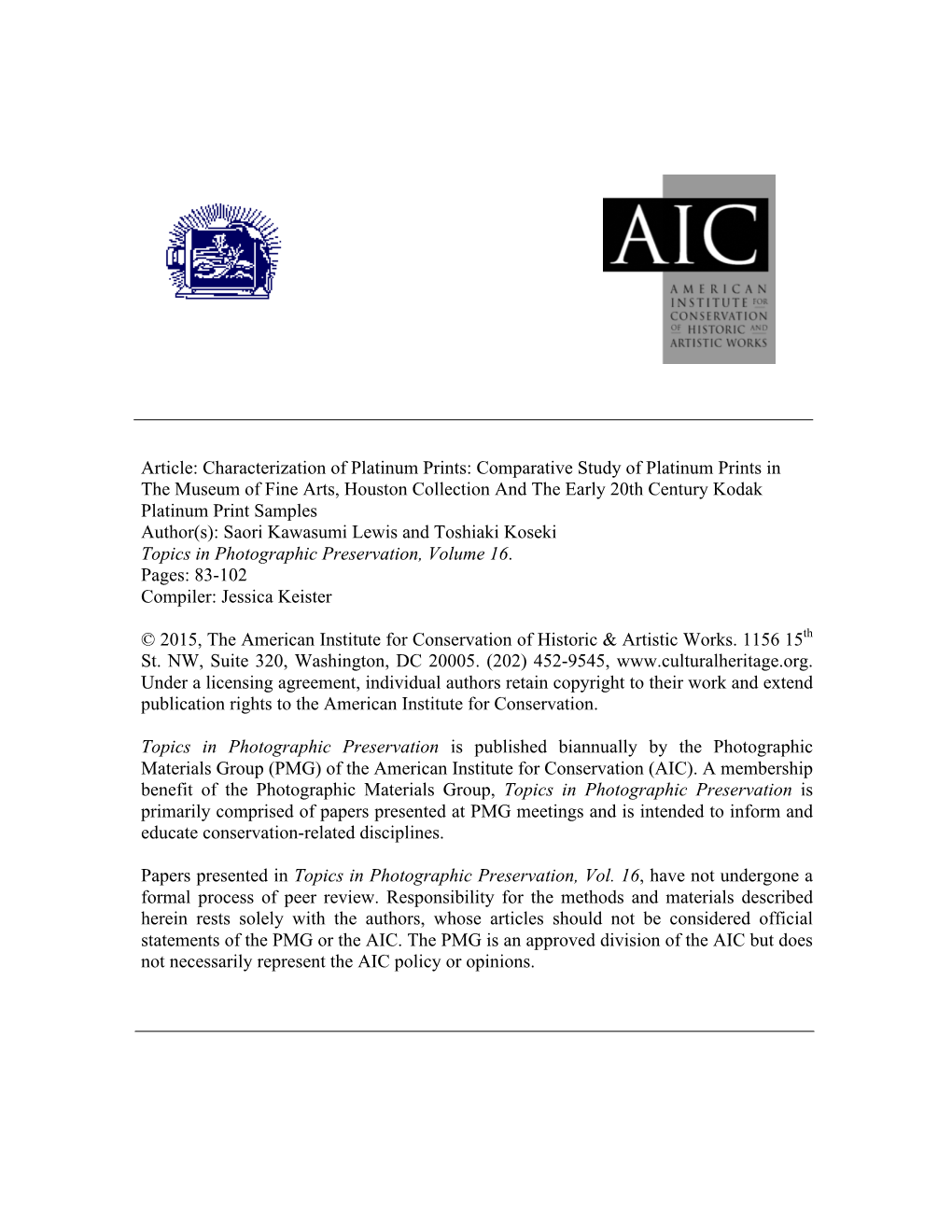 Article: Characterization of Platinum Prints: Comparative Study Of