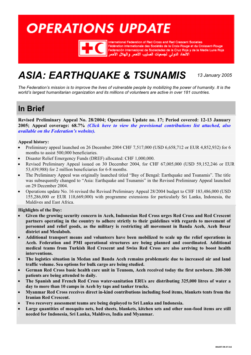 ASIA: EARTHQUAKE & TSUNAMIS 13 January 2005