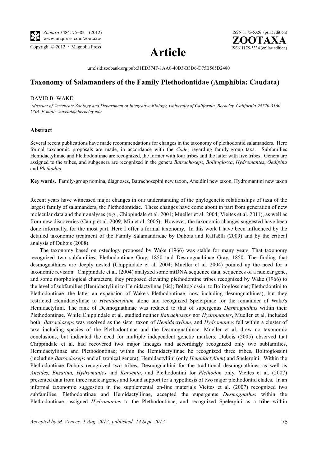 Taxonomy of Salamanders of the Family Plethodontidae (Amphibia: Caudata)