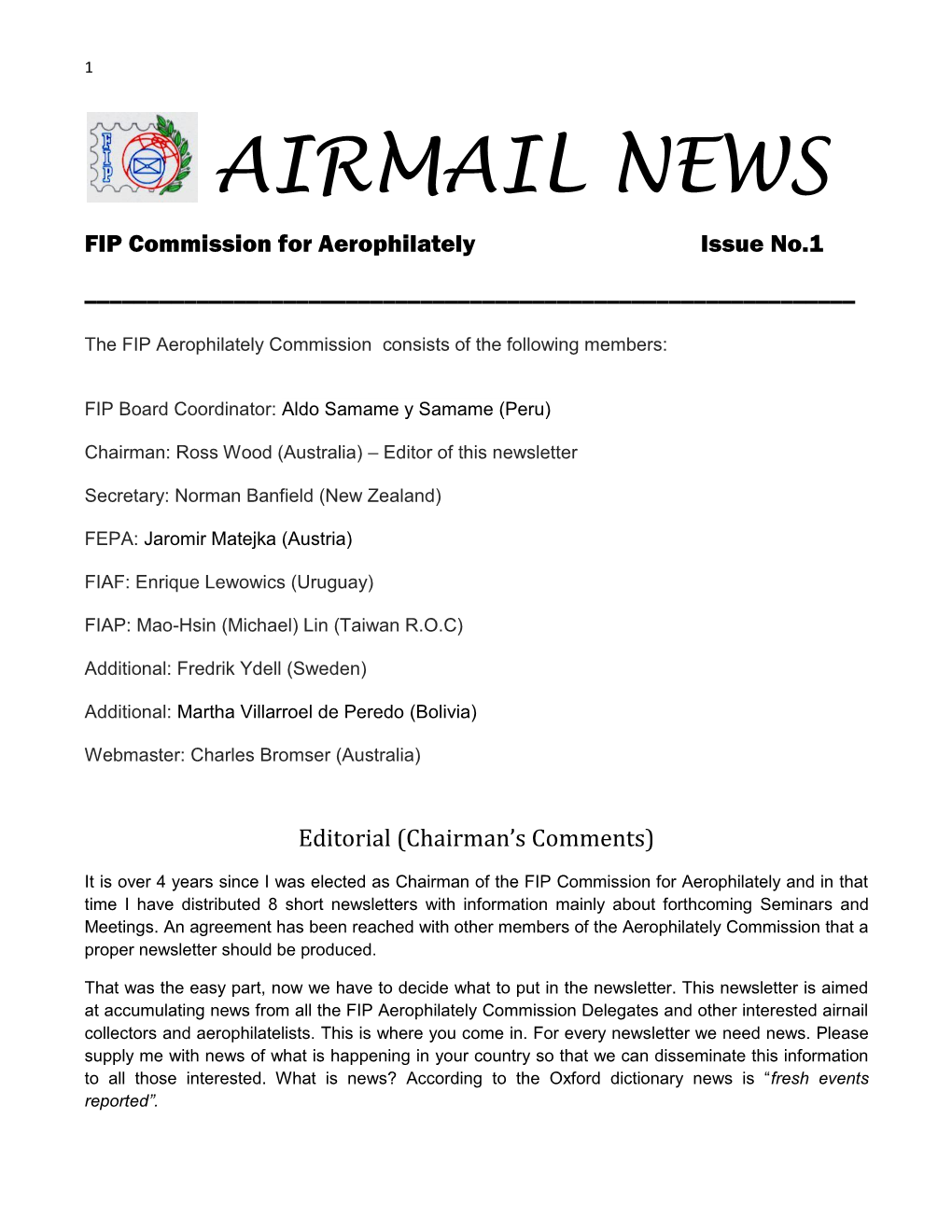 AIRMAIL NEWS FIP Commission for Aerophilately Issue No.1