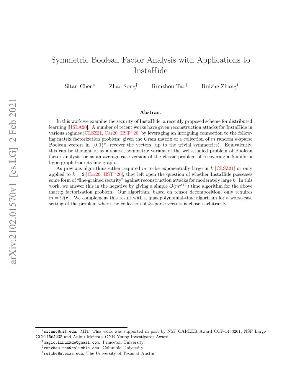 Symmetric Boolean Factor Analysis with Applications to Instahide